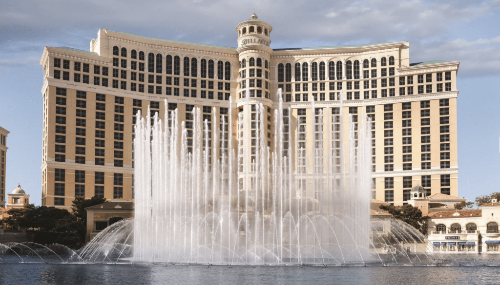 The Bellagio Hotel and its fountains on the Las Vegas Strip.